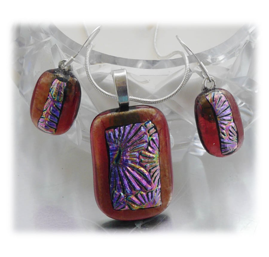 Dichroic Glass Pendant Earring Set 057 Plum Florentine with silver plated chain