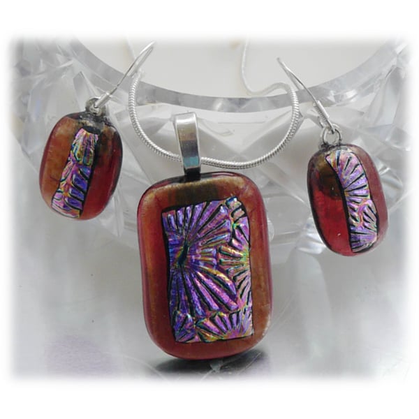 Dichroic Glass Pendant Earring Set 057 Plum Florentine with silver plated chain