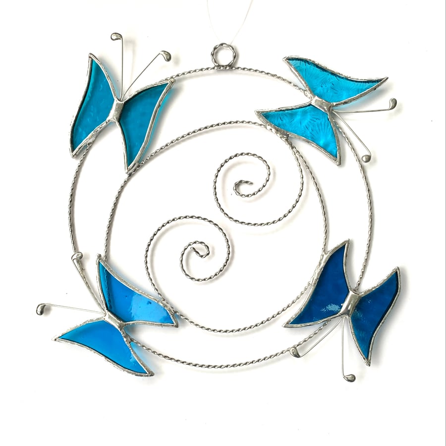 Small Butterfly Circle  Suncatcher - Handmade Decoration - Turquoise 