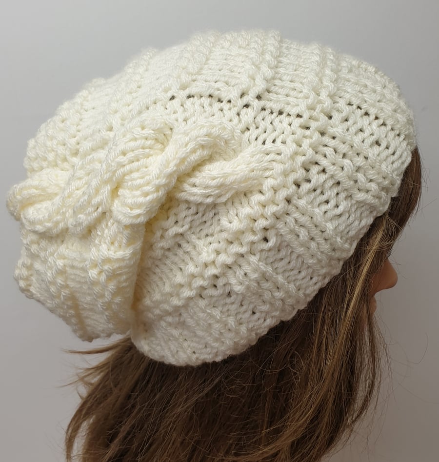 Cream hand knit women slouchy beanie hat