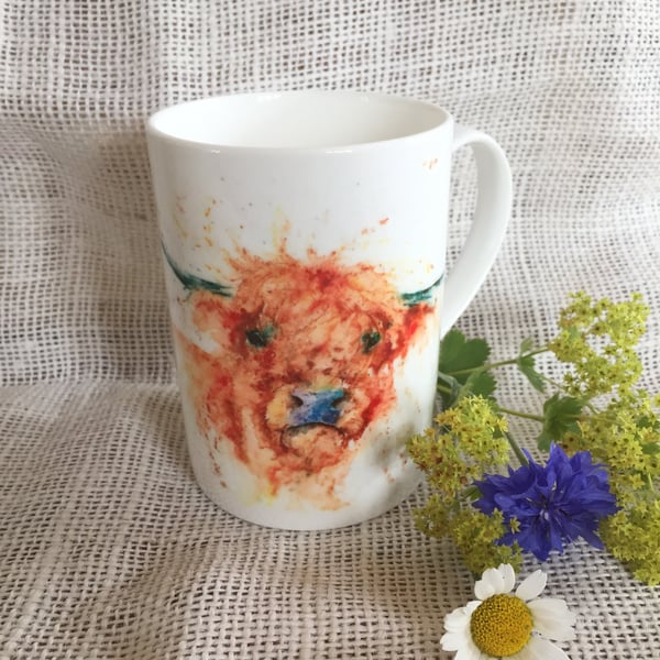 Highland Cow Watercolour Bone China Mug, China Cup, Wildlife Art Mug by Artist S
