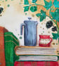 Bookshelf with yarn, coffee and ivy original artwork, frame included - Image 4