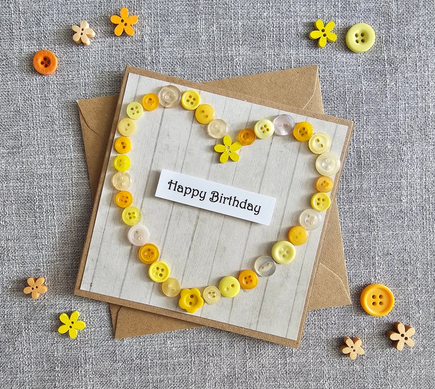 Yellow Buttons Heart Square Birthday Card Size 5" x 5" (12.5cm x 12.5cm)