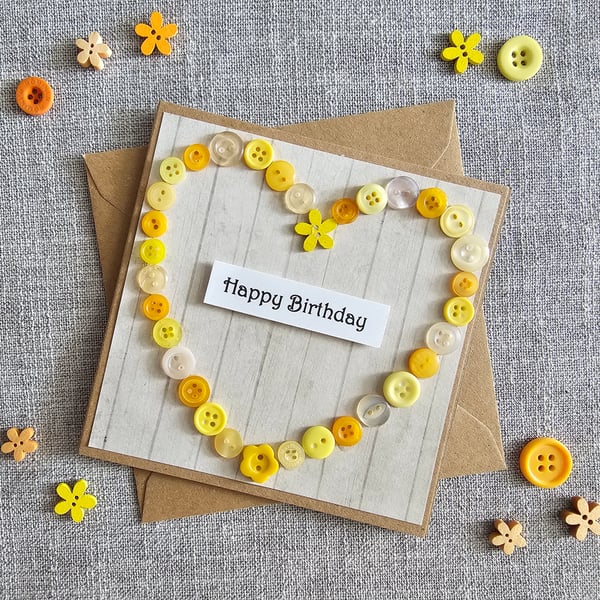 Yellow Buttons Heart Square Birthday Card Size 5" x 5" (12.5cm x 12.5cm)