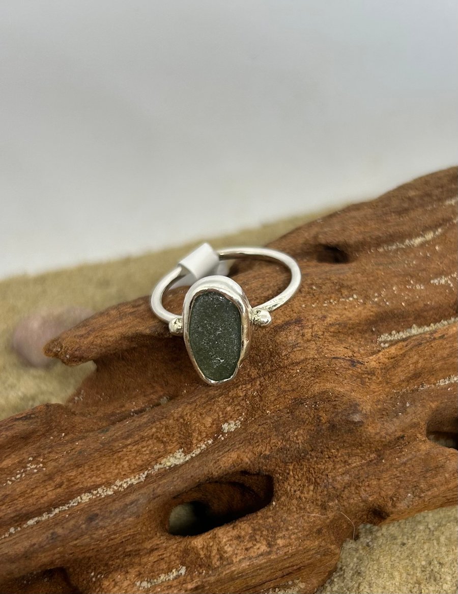Sterling silver handmade ring set with green sea glass 