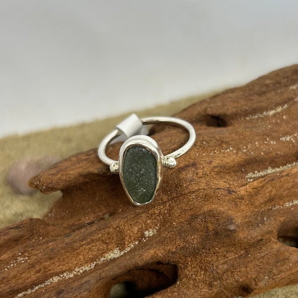 Sterling silver handmade ring set with green sea glass 