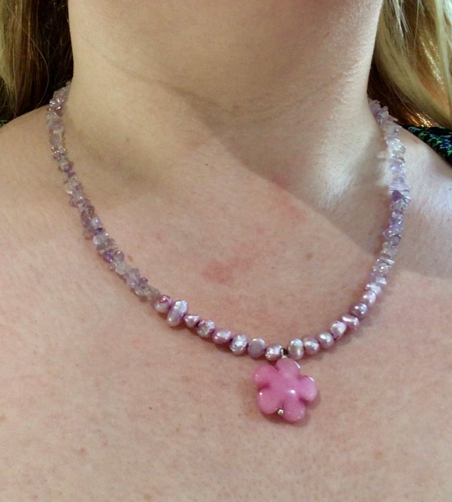 Amethyst and pink pearl necklace with agate flower pendant