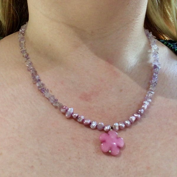 Amethyst and pink pearl necklace with agate flower pendant