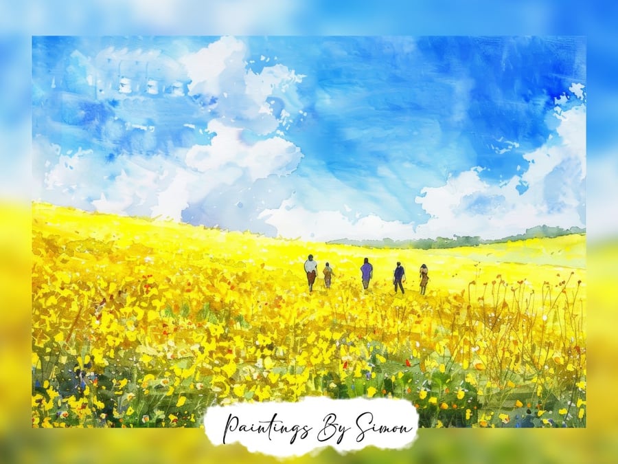 Sunny Flower Field with People, Watercolor Painting Print 5"x7" on Matte Paper