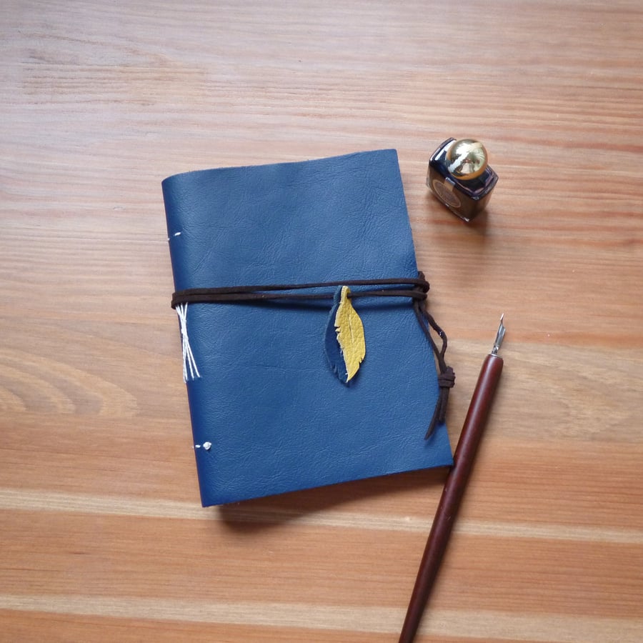 A6 hand bound leather journal, upcycled leather notebook, blue leather