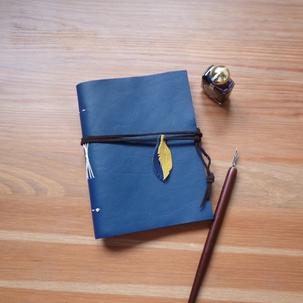 A6 hand bound leather journal, upcycled leather notebook, blue leather