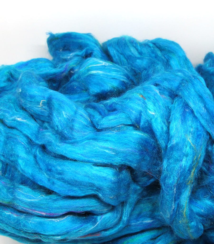 Recycled Carded Sari Silk Fibres - Turquoise 50g