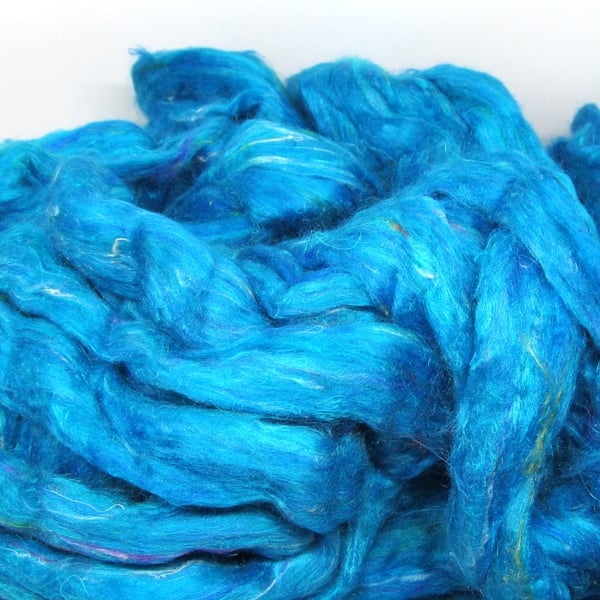 Recycled Carded Sari Silk Fibres - Turquoise 50g