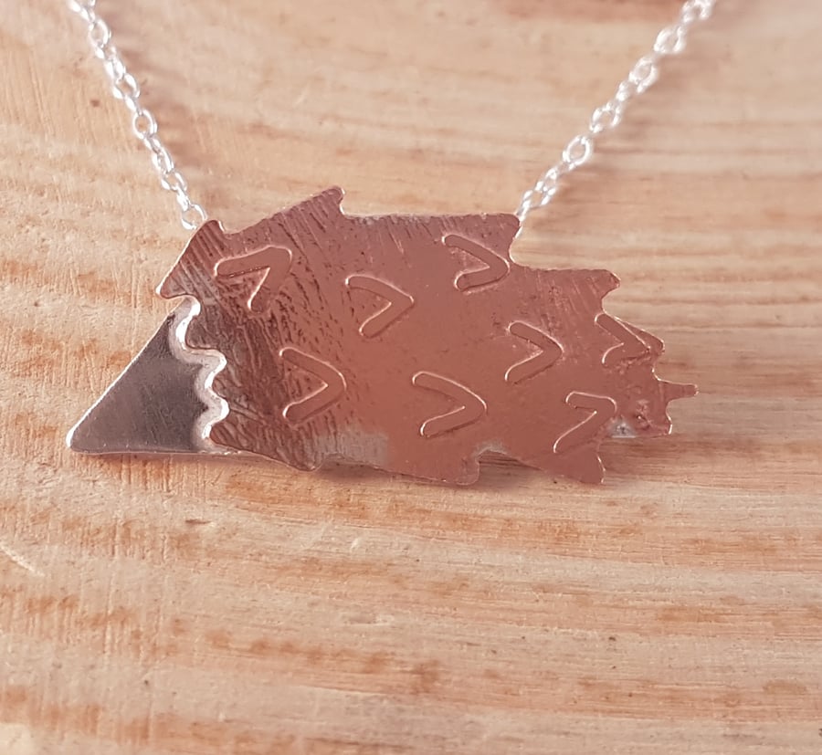 Sterling Silver and Copper Etched Hedgehog Necklace