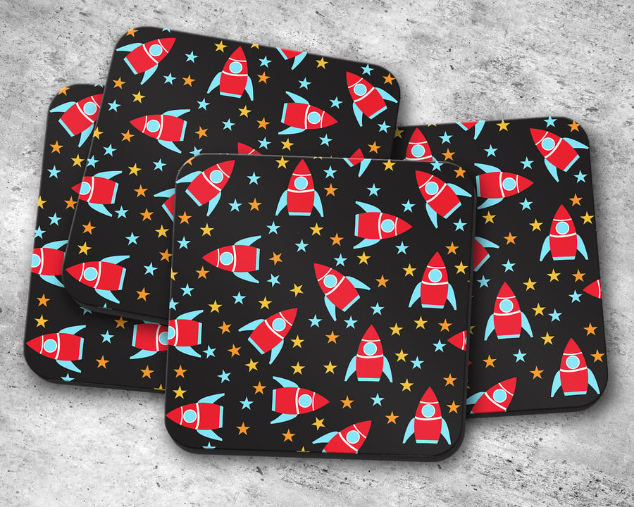 Set of 4 Black Coasters with a Space Rocket Design, Drinks Mat