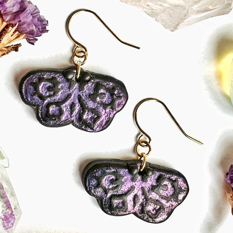 Purple Moth Earrings, Black Polymer Clay, Gold Plated Hooks, Celestial, Nature