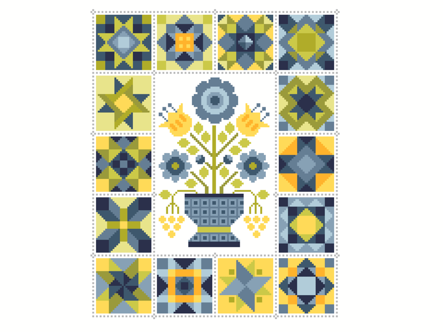 117 - Cross Stitch Chart Patchwork Quilt Block Pattern Squares Quilt Flower Vase