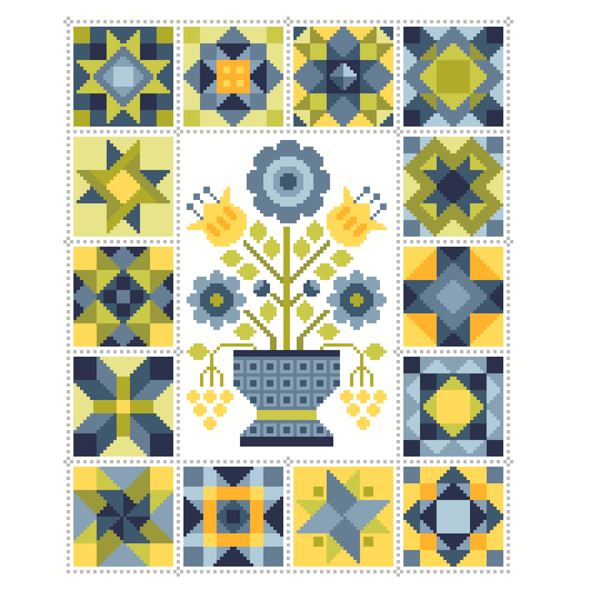 117 - Cross Stitch Chart Patchwork Quilt Block Pattern Squares Quilt Flower Vase
