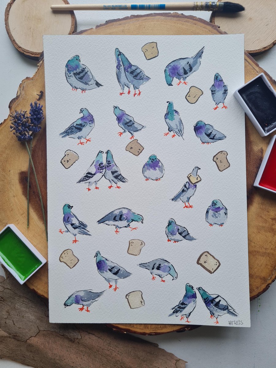 Original hand painted watercolour funny Pigeons and Breads art
