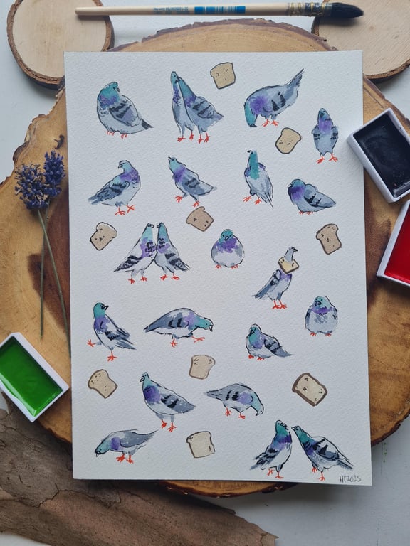 Original hand painted watercolour funny Pigeons and Breads art