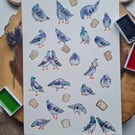 Original hand painted watercolour funny Pigeons and Breads art