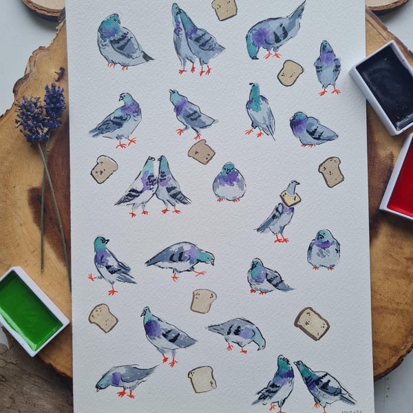 Original hand painted watercolour funny Pigeons and Breads art