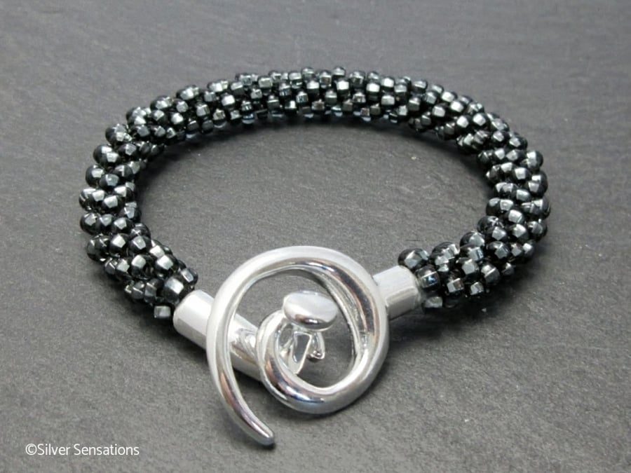 Silvery Black Diamond Beaded & Braided Kumihimo Seed Bead Bracelet