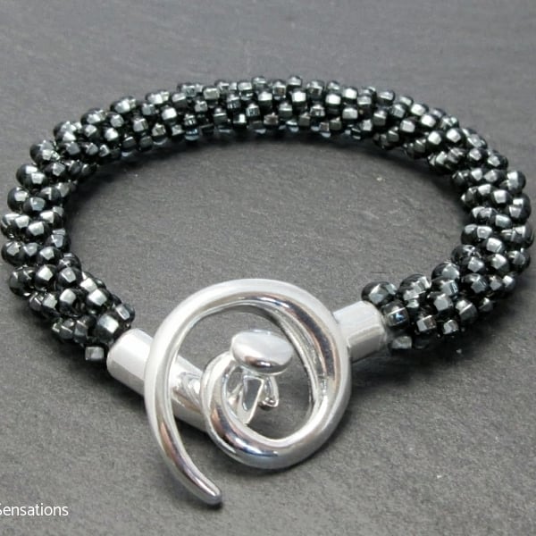Silvery Black Diamond Beaded & Braided Kumihimo Seed Bead Bracelet