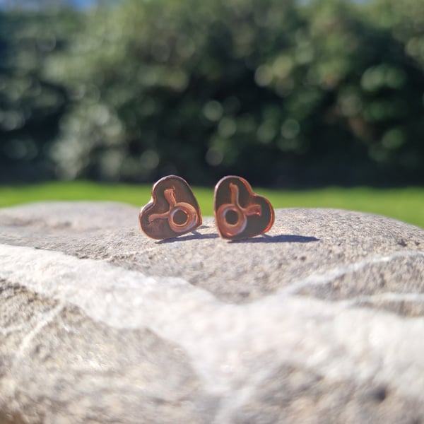 Taurus Copper and Sterling Silver Heart Earrings