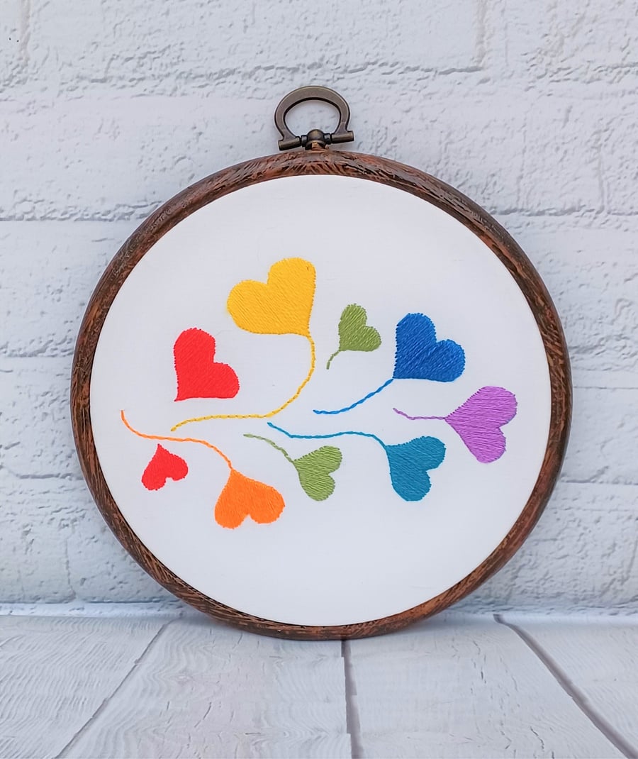 Hand Embroidered Rainbow Hearts Hoop, Pride Decor, 5" Wood Effect Frame, Silk Th