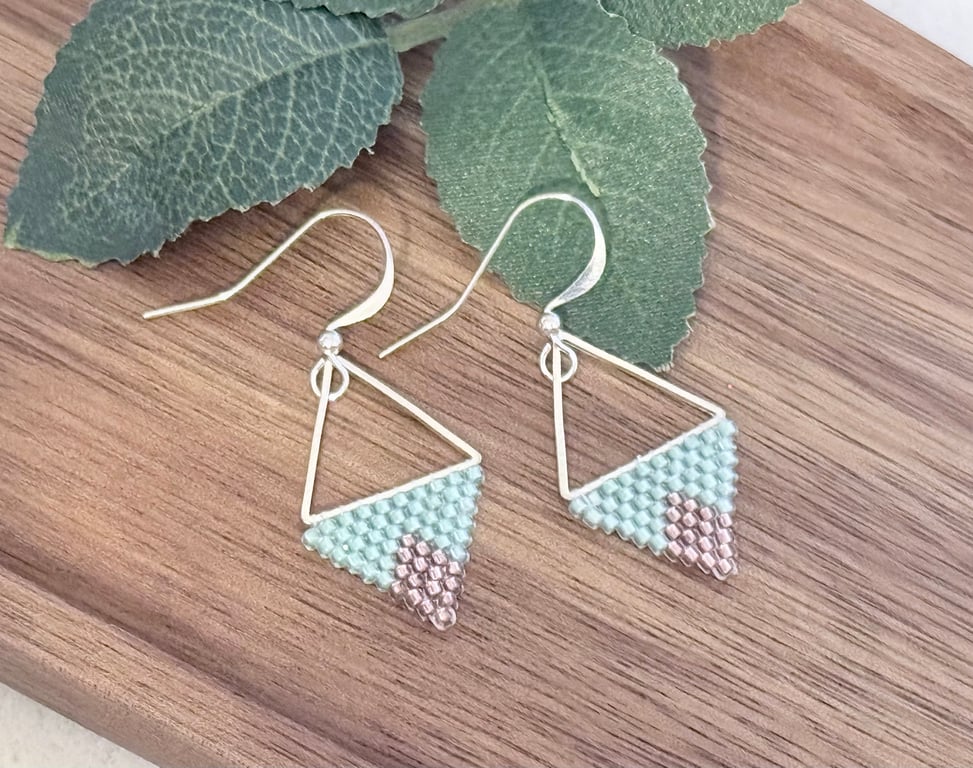 Pale mint green and copper beadwork triangle earrings 