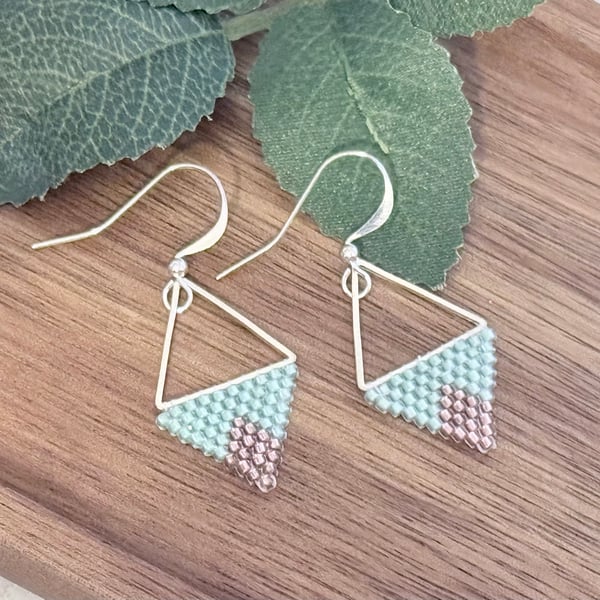 Pale mint green and copper beadwork triangle earrings 