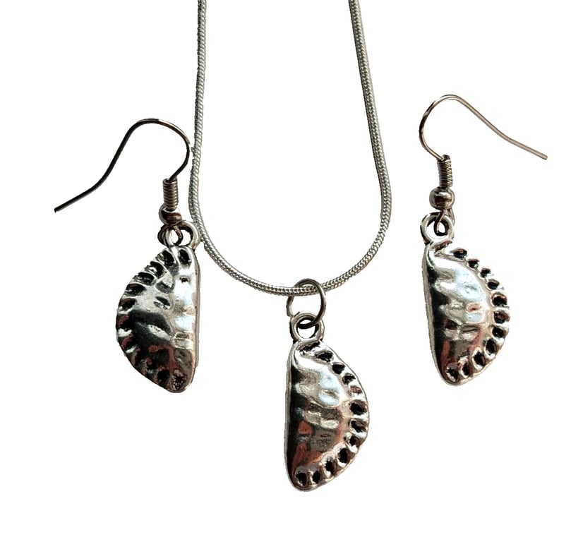 Tibetan Silver Cornish Pasty Charms on Silver Plated Necklace & Earrings Set