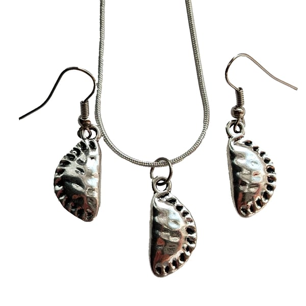 Tibetan Silver Cornish Pasty Charms on Silver Plated Necklace & Earrings Set
