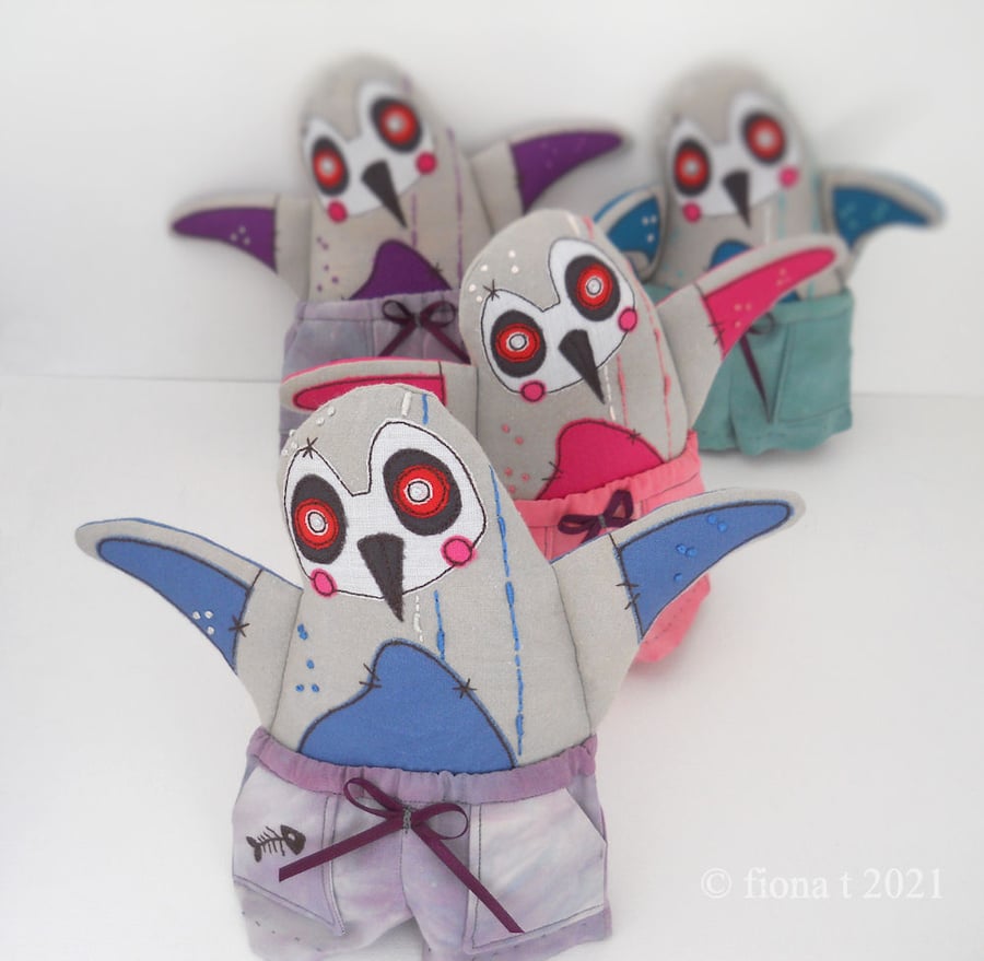 free motion and hand embroidered miniature zombie penguin in silk pyjamas blue