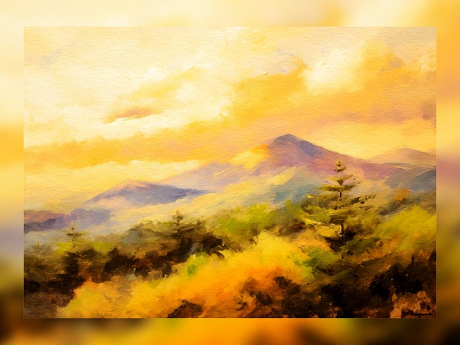 Mountain Sunset, Golden-Hued Painting with Soft Brushstrokes 5"x7" Matte Print