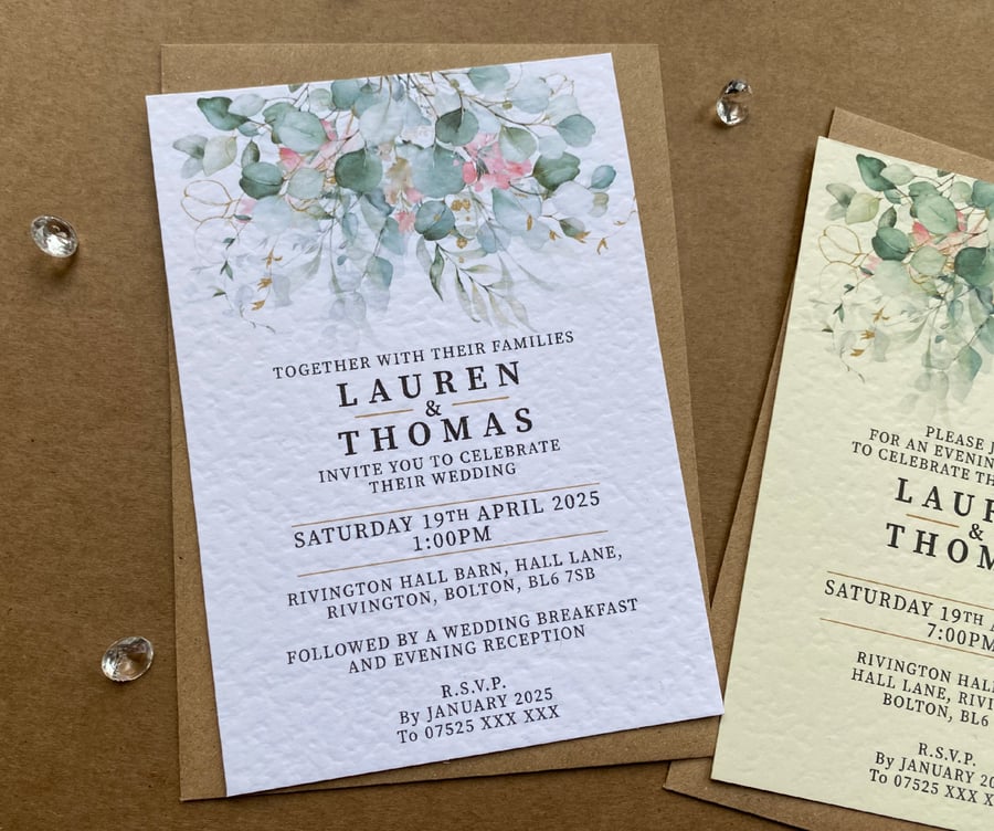 10 Eucalyptus greenery WEDDING INVITE cards blush pink flowers invitations