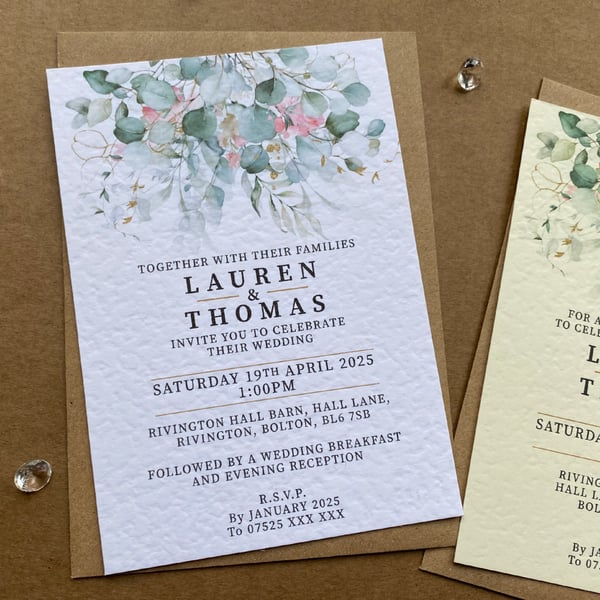 10 Eucalyptus greenery WEDDING INVITE cards blush pink flowers invitations