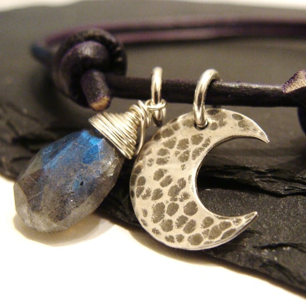 Night Sky Silver Half Moon Charm & Flash Labradorite Gemstone Leather Bracelet