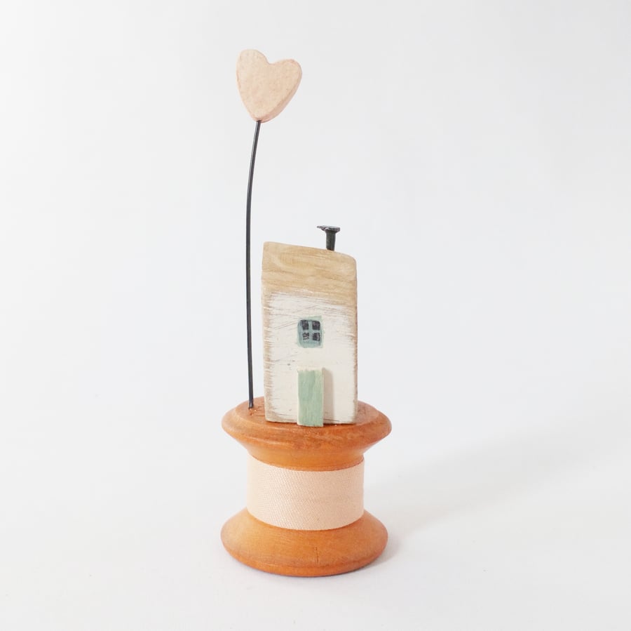 SALE - Little oak wood house and clay heart on a vintage bobbin