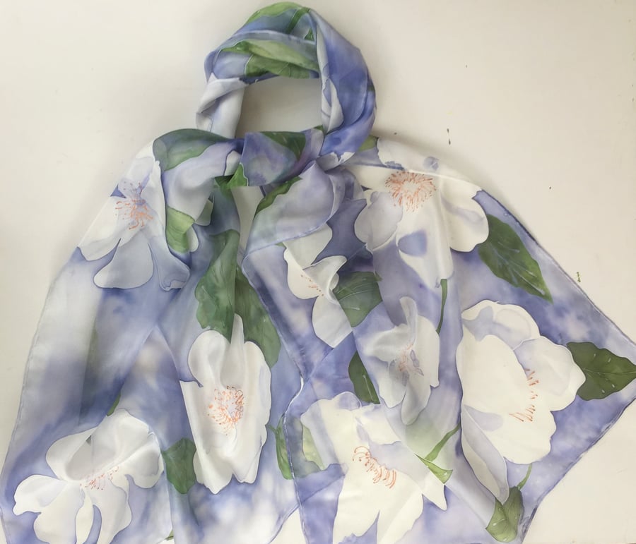 White Rose Silky Scarf  Hand Painted Silk Scarf White Roses – Floral Chiffon Shawl  main image 2