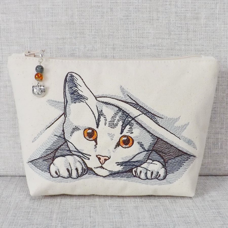 Embroidered make up bag,  zipped pouch, cat bag