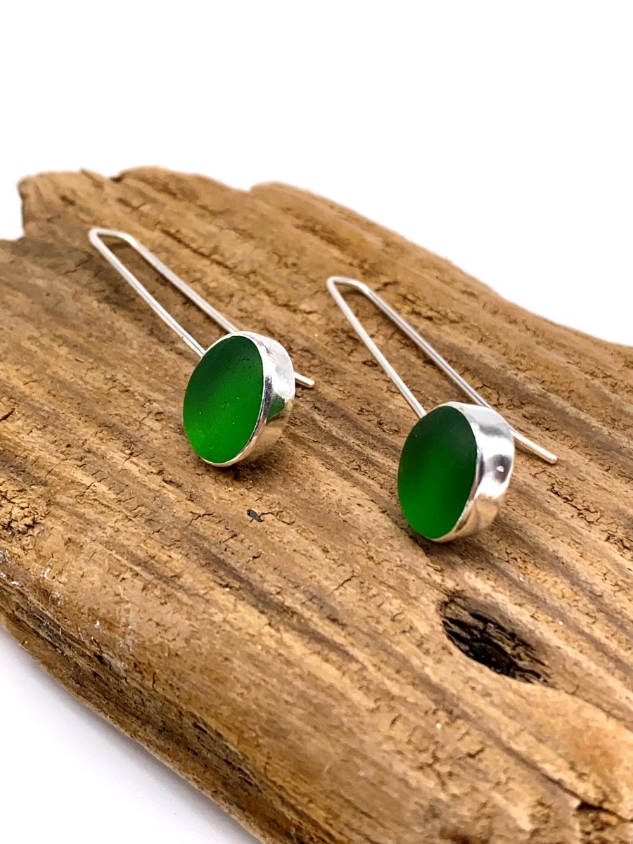 Bottle Green Sea Glass Drop Earrings