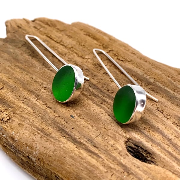 Bottle Green Sea Glass Drop Earrings