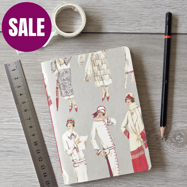 Hand bound small A6 notebook or sketchbook with grey 1920s fashion cover