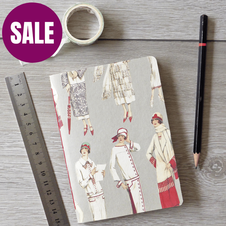Hand bound small A6 notebook or sketchbook with grey 1920s fashion cover