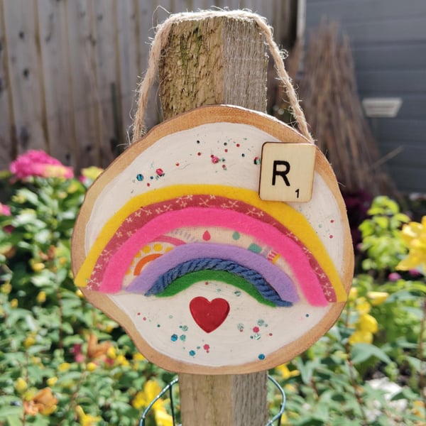 Wooden alphabet art -decorative wall plaque with first letter scrabble tile 