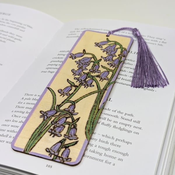 Bluebells wooden bookmark - pyrography - floral gift for a nature lover