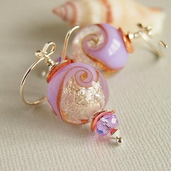 Violet Crystal Glitter Lampwork Glass Bead Earrings, Copper, Sterling Silver