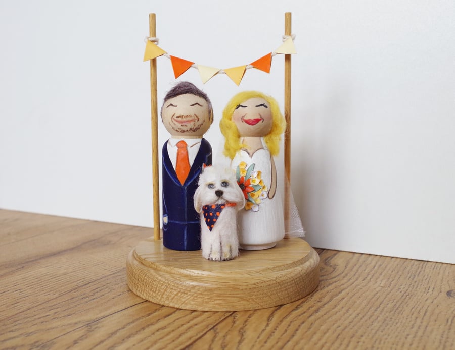 Cute Custom Vintage Shabby Personalised Wooden Peg Doll Wedding Cake Topper